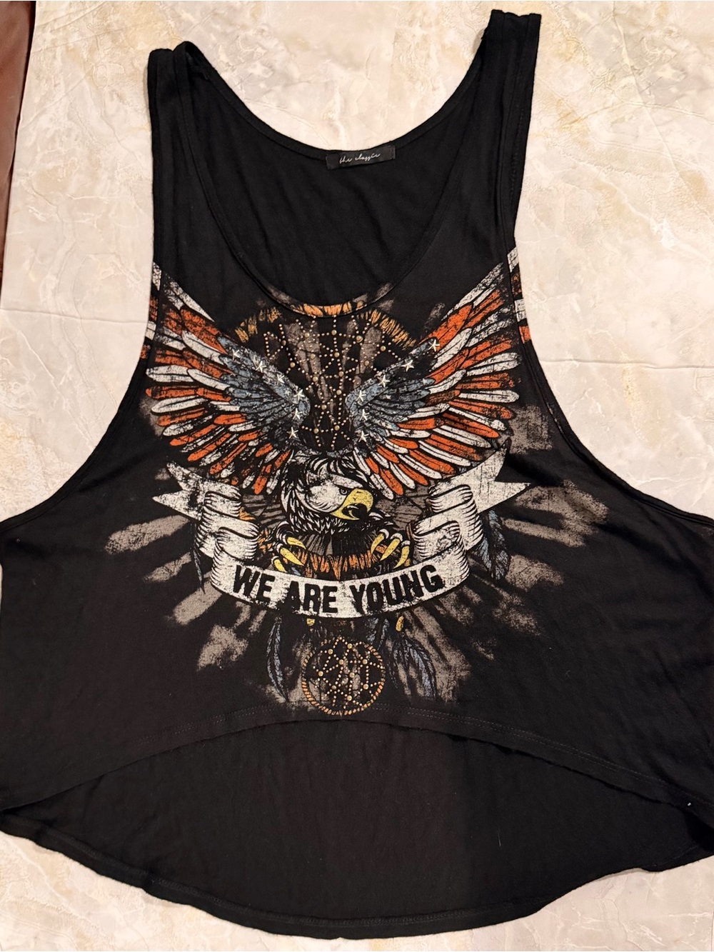 The Classic Black Tank Top with Eagle Graphic and Orange Accents